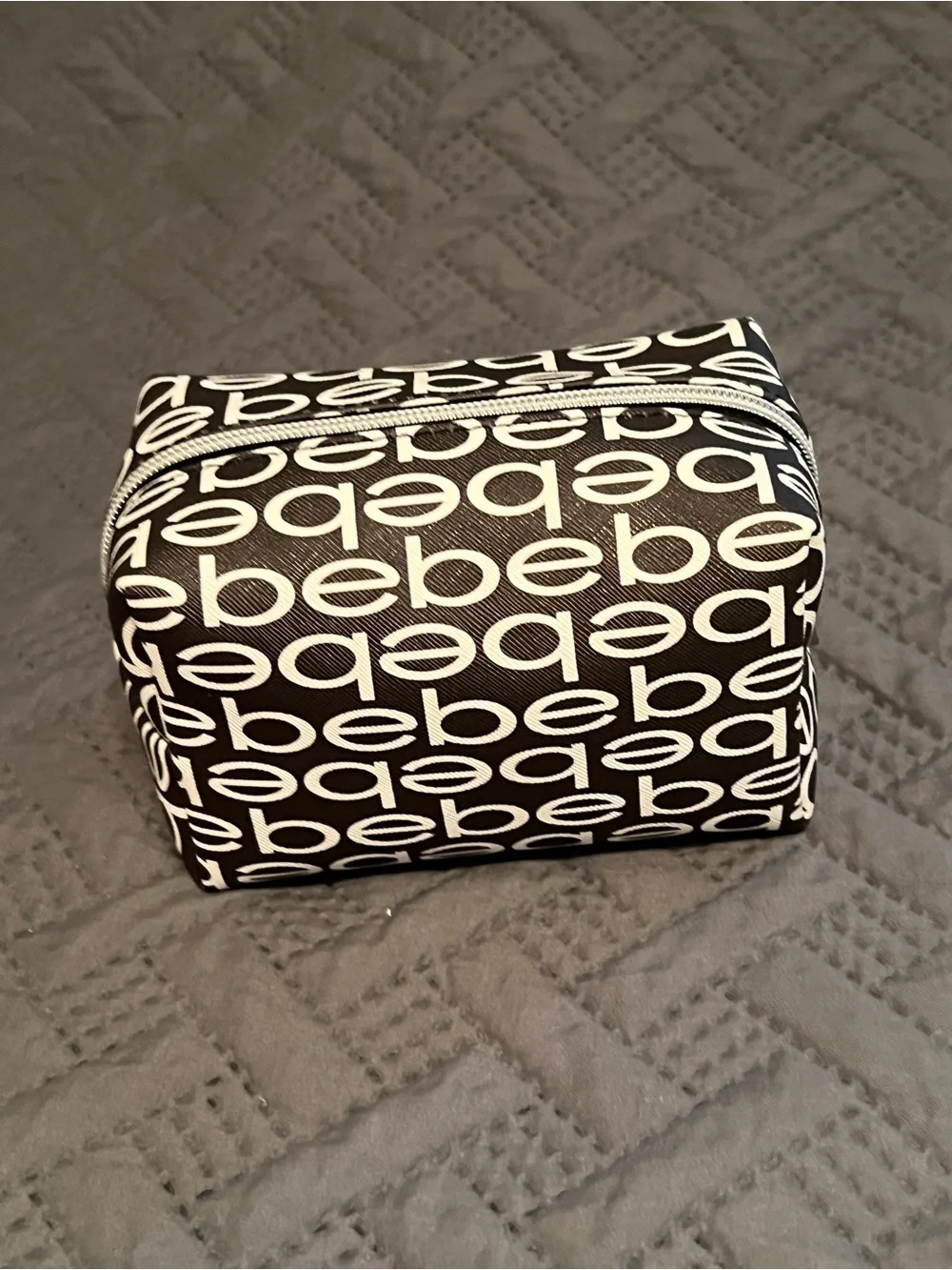 bebe Black & White Signature Logo Cosmetic Case with travel containers